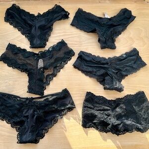 Lot of 6 NWT Victoria's Secret Black Lacy Cheeky and Boyshort Panties. Size S.